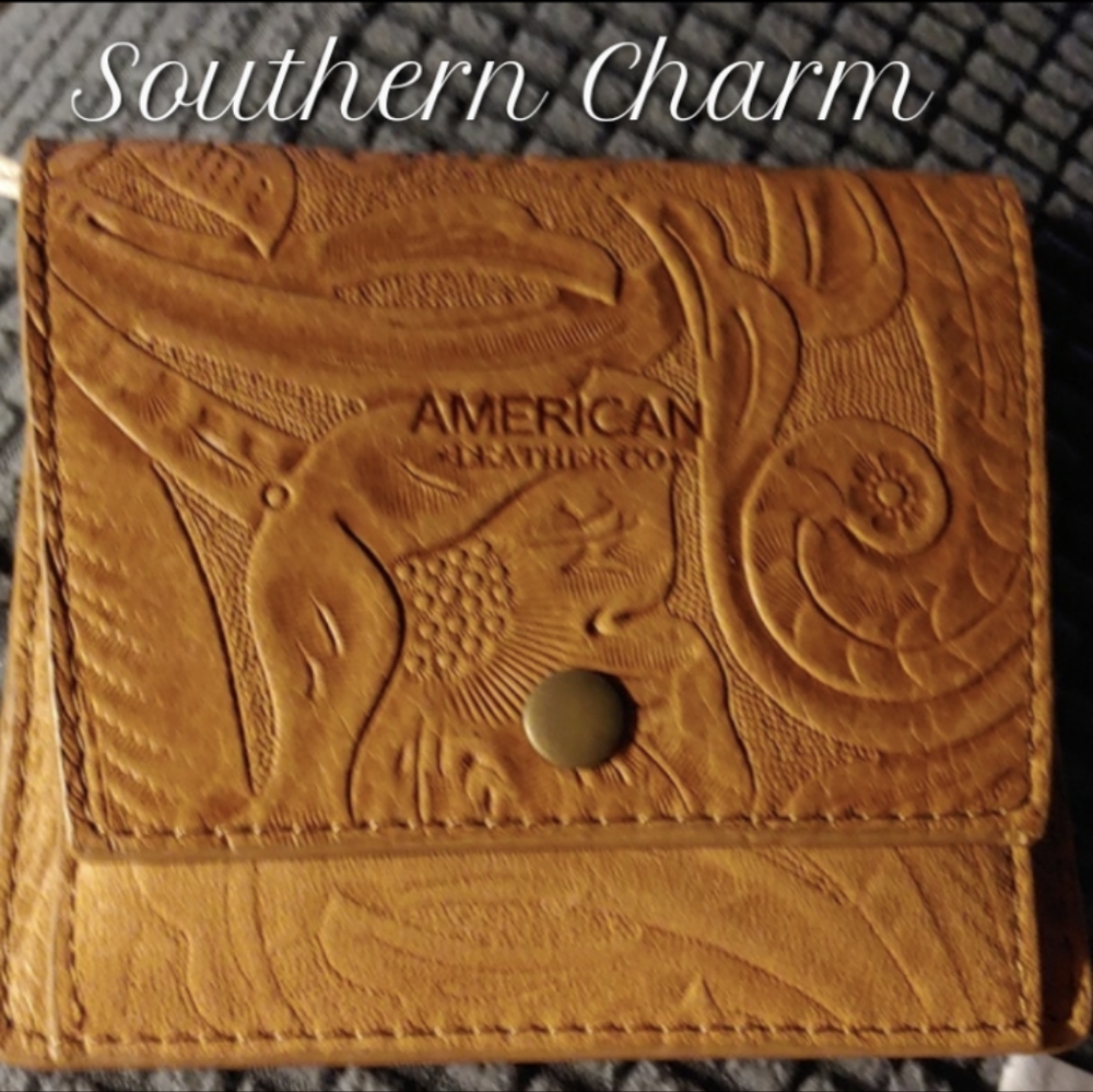 American Leather Co. Tooled Leather Bifold Wallet.